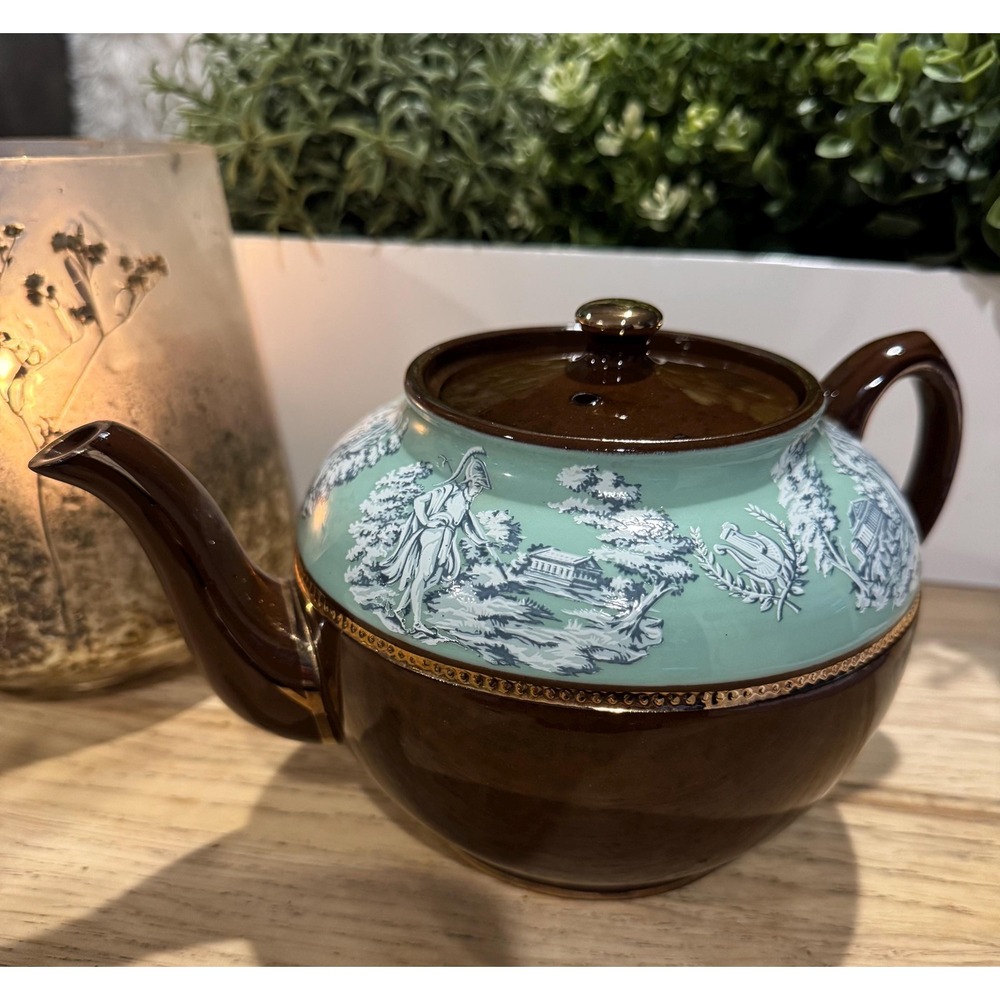 Sadler Staffordshire Teapot – Greek Design Brown & Mint Green Vintage Porcelain